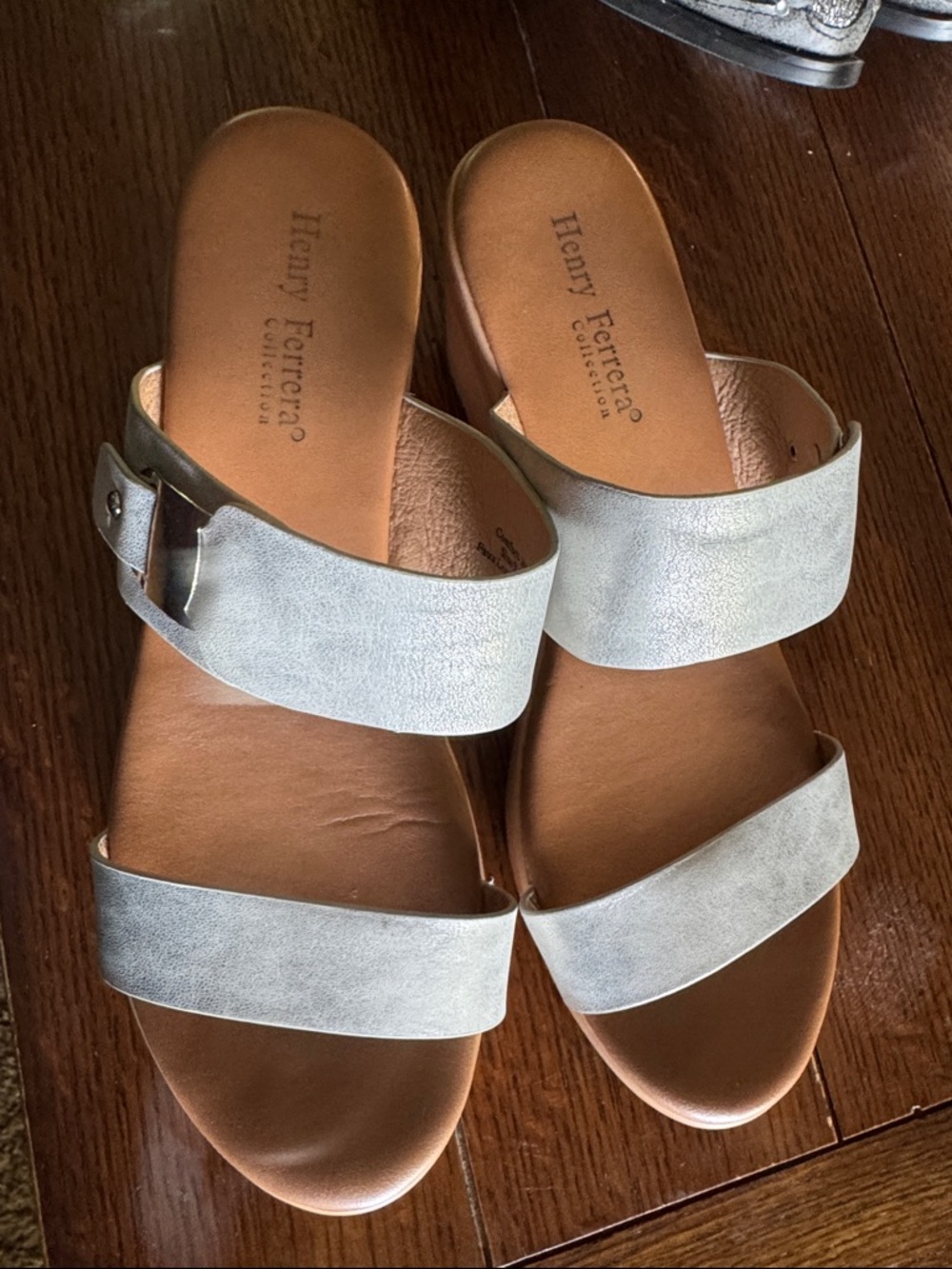 Henry Ferrera Light Silver Double‑Strap Slide Sandals